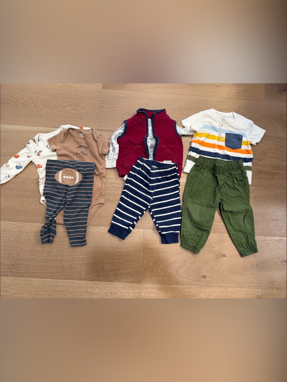 Carter's Boys 6-9 months Mixed Outfit Set with Green Cargo Pants & Navy Stripes